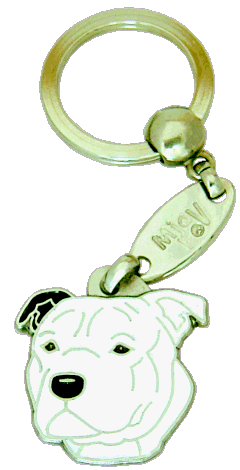 STAFFORDSHIRE BULLTERRIER WHITE, BLACK EAR <br> (keyring, engraving included)